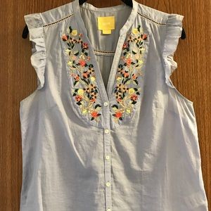 Embroidered Ruffle Sleeve Button Front Blouse